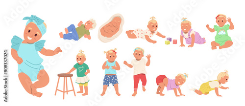 Cute newborn baby cartoon characters crawling playing standing doing first steps discovering space