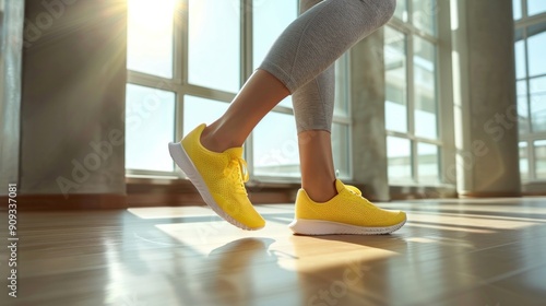 a person in gray workout clothes with yellow sneakers, gym interior