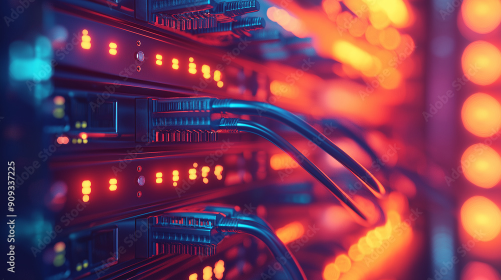 Close-Up of Server Rack with Cables and LED Lights in Data Center for Technology and Networking Illustrations and Designs Close-Up of Server Rack with Cables and LED Lights in Data Center for Technology and Networking Illustrations and Designs