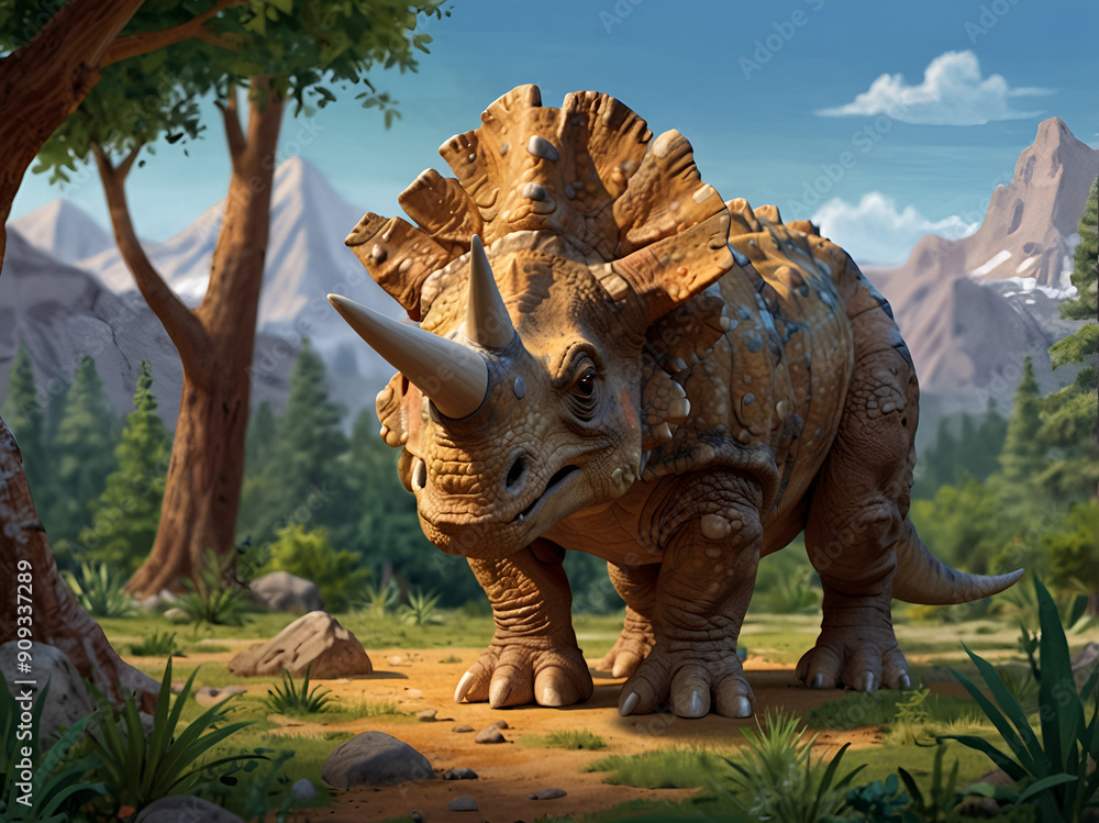 Fototapeta premium Cartoon dinosaur Triceratops, on the landscape of those times