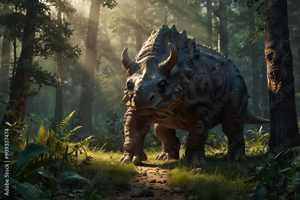 Fototapeta premium Cartoon dinosaur Triceratops, on the landscape of those times