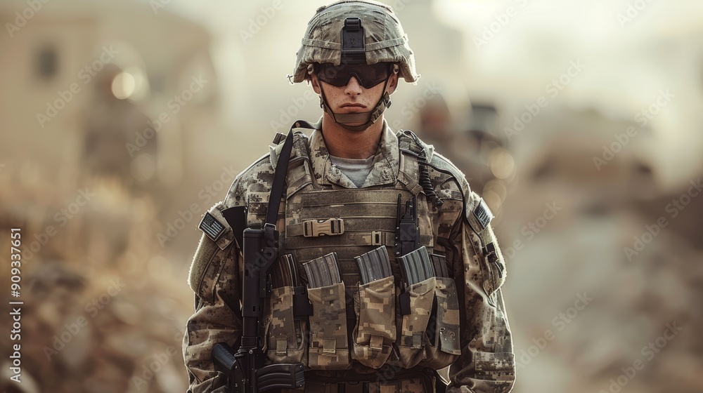 Soldier in Tactical Gear Standing Alert in Desert Environment During Dawn Hours Soldier in Tactical Gear Standing Alert in Desert Environment During Dawn Hours