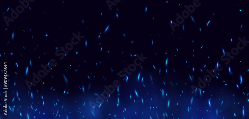 Blue flame with sparks, fire with flying cinder, abstract glowing embers, heat sparkles, bokeh fire texture. Vector illustration.