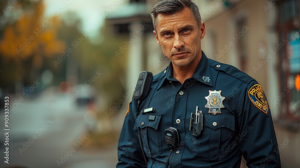 Fototapeta premium Dedicated Police Officer Standing Confidently on Urban Street During Afternoon