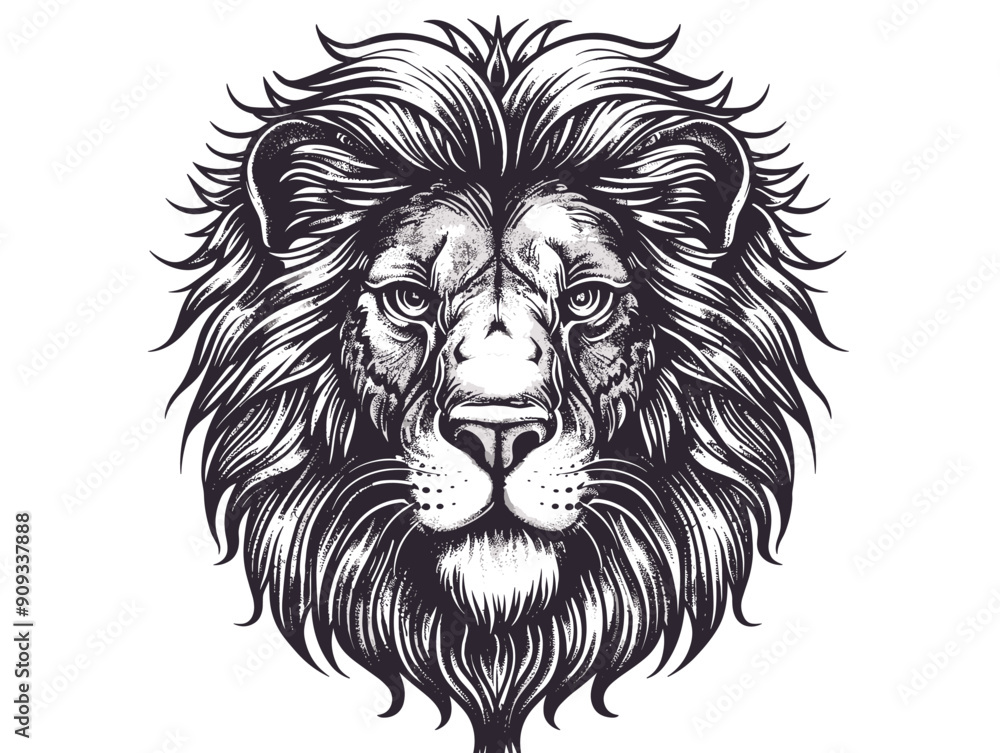 A lion with a long mane and a fierce look on its face. The lion is the main focus of the image and it is the most important element A lion with a long mane and a fierce look on its face. The lion is the main focus of the image and it is the most important element