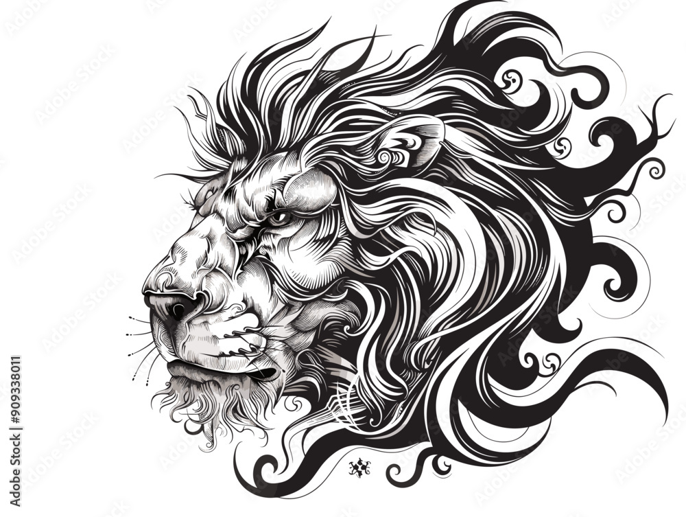 A lion with a fierce look on its face. The lion's mane is long and flowing, and it is surrounded by a black and white background A lion with a fierce look on its face. The lion's mane is long and flowing, and it is surrounded by a black and white background