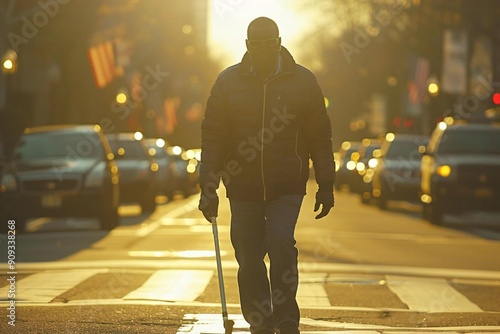 Visually Impaired Individual Navigating Street with Cane.