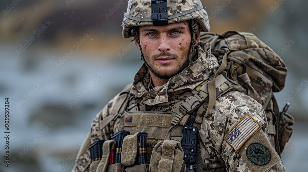 Soldier in Camouflage Uniform Posing at Coastal Location During Overcast Weather Soldier in Camouflage Uniform Posing at Coastal Location During Overcast Weather