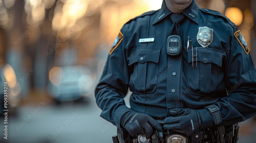 Police Officer Standing Confidently on City Street During Golden Hour Light Police Officer Standing Confidently on City Street During Golden Hour Light