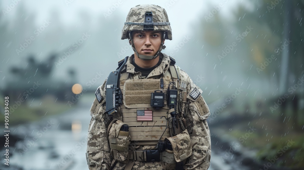 Soldier Standing Proudly in Rainy Forest During Military Training Exercises With Armored Vehicle in Background Soldier Standing Proudly in Rainy Forest During Military Training Exercises With Armored Vehicle in Background