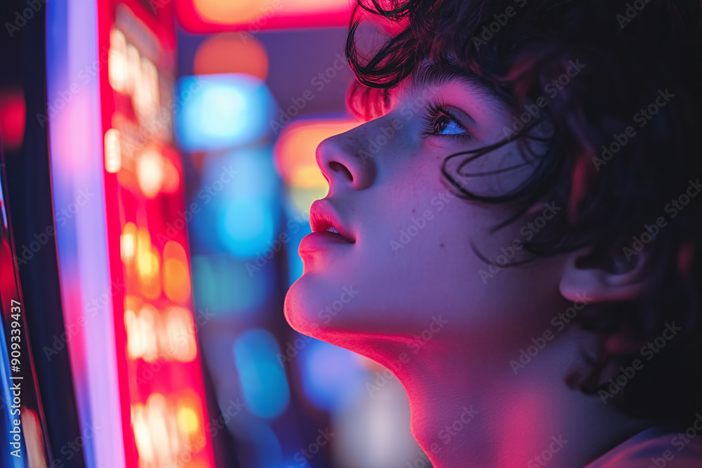 Photograph of a Person Staring at a Slot Machine with Intensity: Showcasing gambling addiction. Photograph of a Person Staring at a Slot Machine with Intensity: Showcasing gambling addiction.