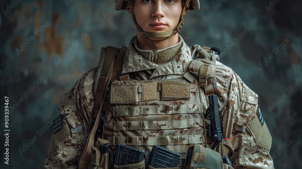 Dedicated Military Personnel Posed in Camouflage Uniform Against a Weathered Background Dedicated Military Personnel Posed in Camouflage Uniform Against a Weathered Background