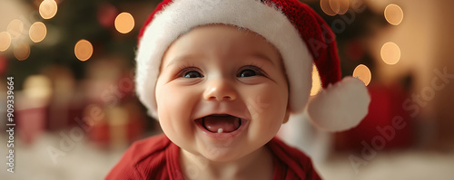 Happy Baby Wearing Santa Hat with Christmas Gift Box for Festive Holiday-Themed Advertising and Seasonal Greeting Cards photo