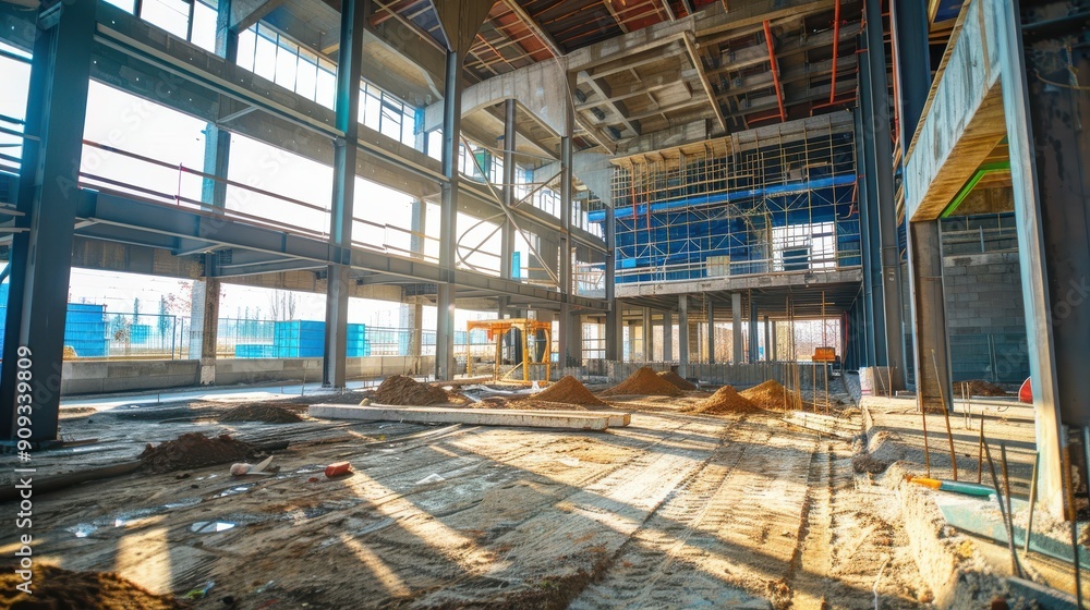 Construction of Modern Commercial Building Underway in Bright Morning Light on a Busy Urban Site Construction of Modern Commercial Building Underway in Bright Morning Light on a Busy Urban Site