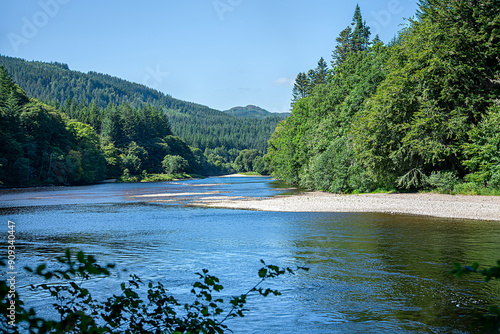 Landscape photography of forest and river, serenity; scenery; panorama; nature; background, Scotland; UK, Inver, Perthshire