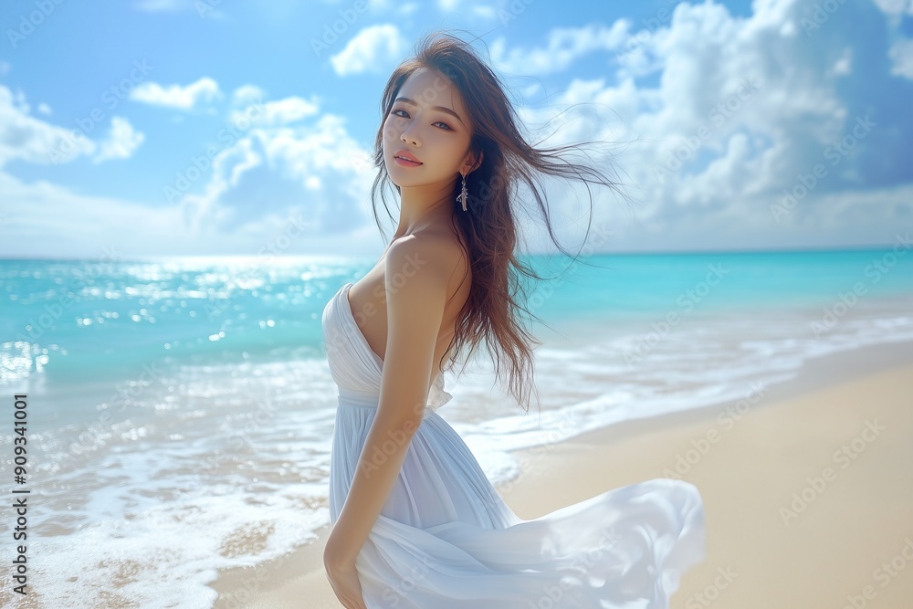 Young woman on beach alone, girl wearing white clothing. Young woman on beach alone, girl wearing white clothing.