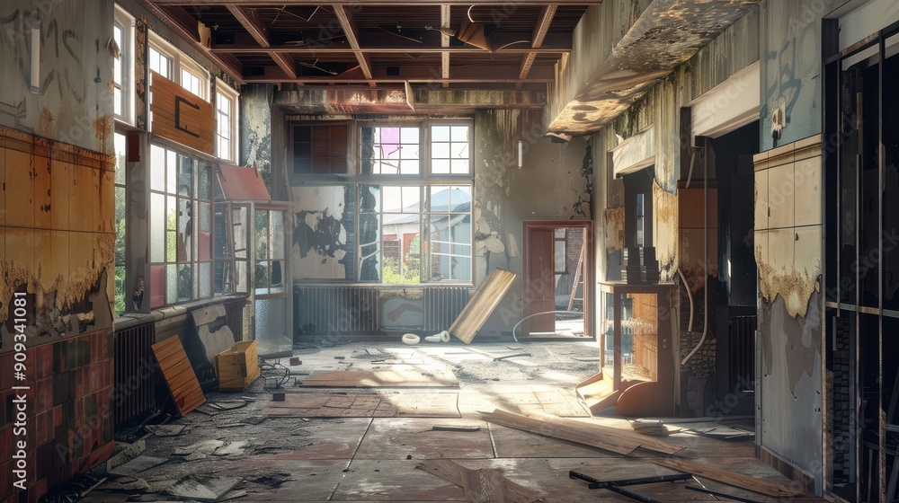 Abandoned Interior of a Decaying Building in Late Afternoon Light With Dust Particles Abandoned Interior of a Decaying Building in Late Afternoon Light With Dust Particles