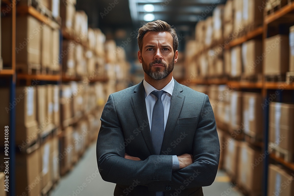 a man in a suit and tie standing in a warehouse a man in a suit and tie standing in a warehouse