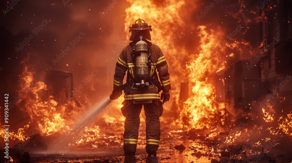 Brave Firefighter Battle Against Intense Flames in Urban Environment at Dusk Brave Firefighter Battle Against Intense Flames in Urban Environment at Dusk