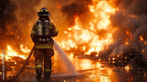 Brave Firefighter Battling Intense Flames During Emergency Response at Night