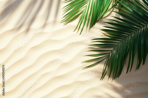 palm leaves on sand with shadow. top view