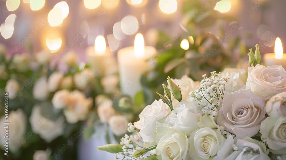 Obraz premium White casket covered with floral arrangements at a funeral service with candle