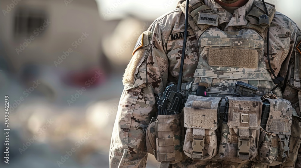 U.S. Soldier in Military Gear Standing in Desert Environment During Daylight Hours U.S. Soldier in Military Gear Standing in Desert Environment During Daylight Hours
