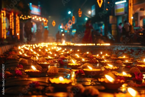 dazzling display of illuminated diyas along a bustling nighttime street warm golden glow of oil lamps creates a magical atmosphere for diwali celebration