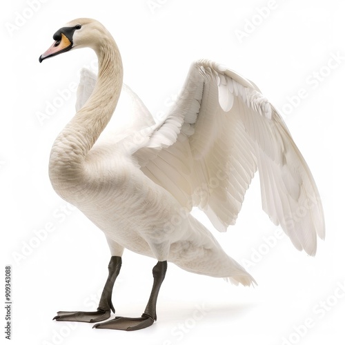 a powerful trumpeter swan isolated on a white background, large wingspan