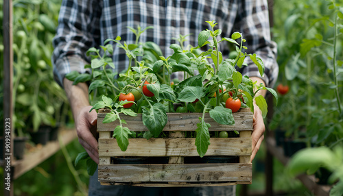 Man holding wooden crate with tomato seedlings in greenhouse, closeup