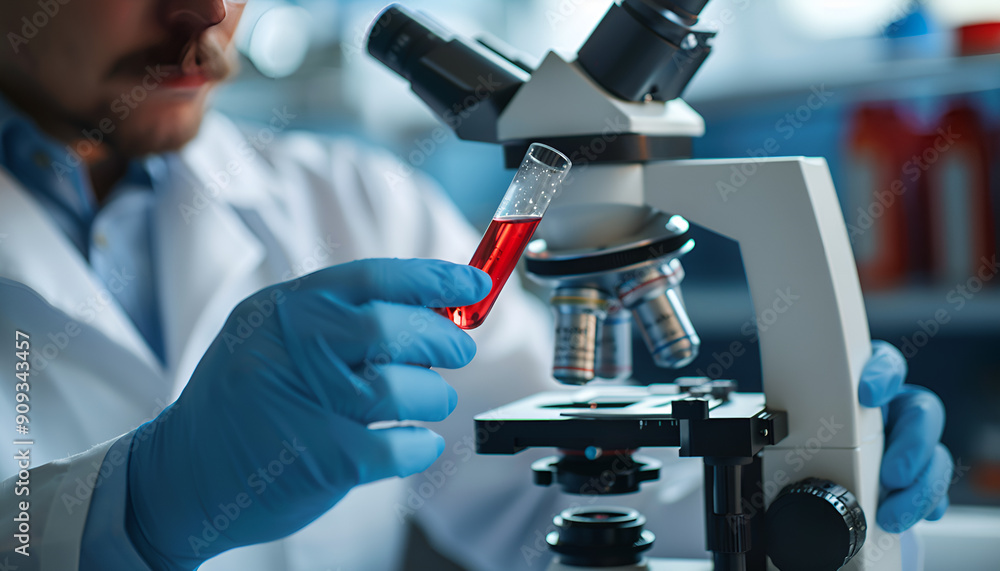 Scientist holding test tube with blood sample near microscope, closeup. Laboratory analysis Scientist holding test tube with blood sample near microscope, closeup. Laboratory analysis