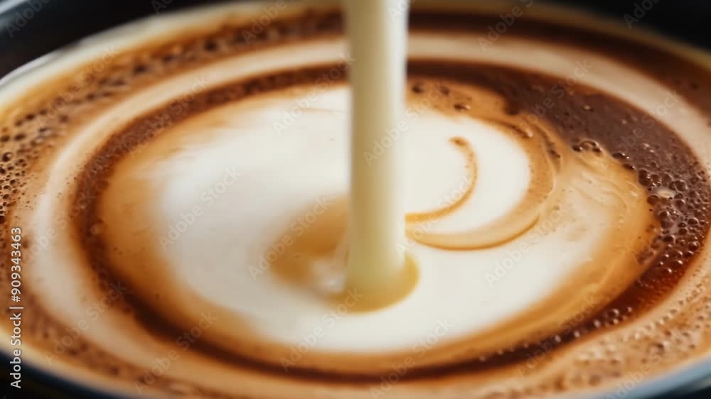 A closeup of frothed milk being slowly poured into a cup of brewed coffee. A closeup of frothed milk being slowly poured into a cup of brewed coffee.