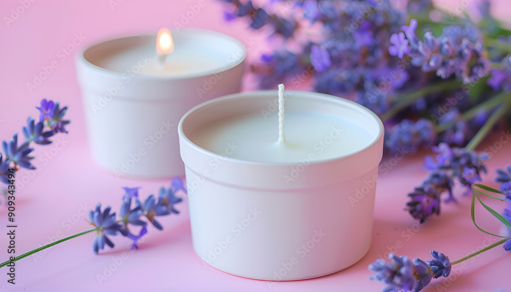 Container with wicks and lavender flowers on pink background. Making homemade candle Container with wicks and lavender flowers on pink background. Making homemade candle