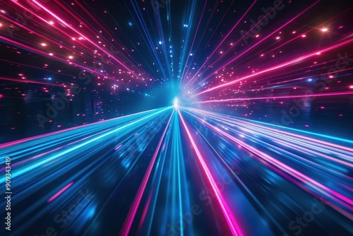 dazzling laser light show piercing through darkness vibrant beams in electric blue and neon pink creating a futuristic cityscape dynamic trails of light suggesting speed and energy