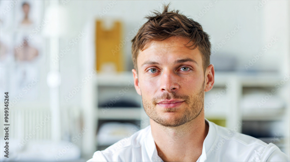 Obraz premium A young man with blue eyes looks directly at the camera, sitting in a modern office setting
