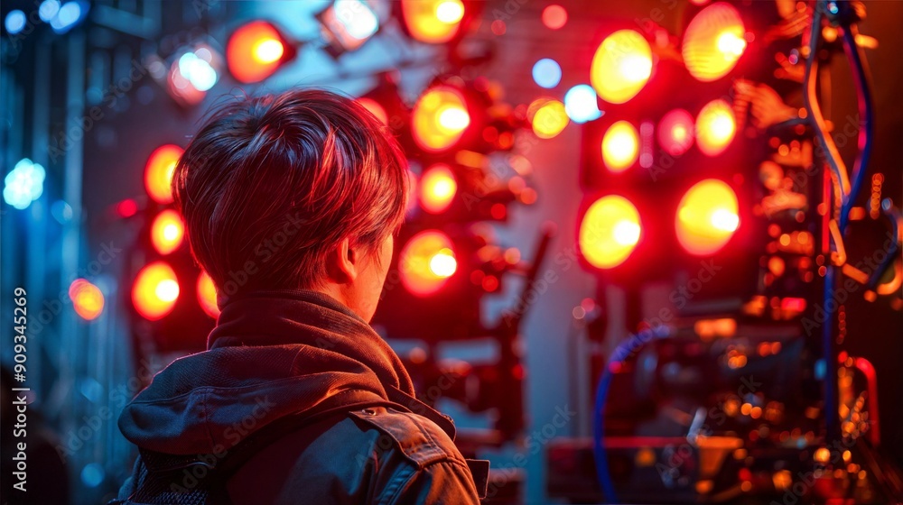 A person stands in front of a film set, illuminated by red lights A person stands in front of a film set, illuminated by red lights