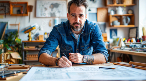 A man works on a large blueprint at his desk in his studio, concentrating intently