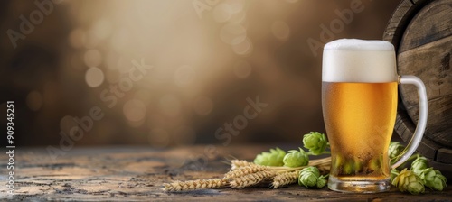 Craft Beer Glass With Foam Beside Hops And Barley Against A Wooden Barrel Bac...