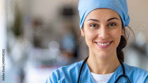 Smiling Female Healthcare Worker in Blue Scrubs With Stethoscope in Medical F...