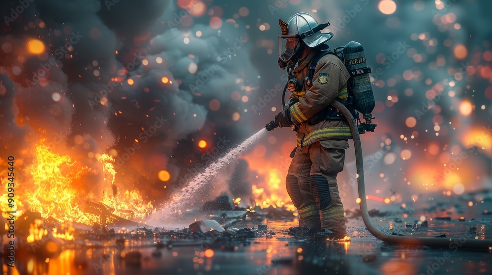 Brave Firefighter Battling Intense Flames Amidst Thick Smoke at Night Brave Firefighter Battling Intense Flames Amidst Thick Smoke at Night