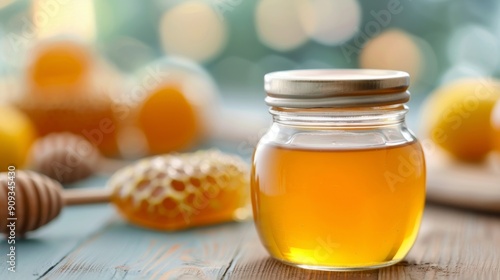 Golden Honey Jar With Honeycomb On Wooden Table In Soft Natural Light