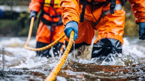 a rescue team using a rope line to help people cross floodwaters in a coastal area