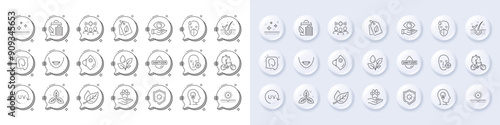 Leaf, Fair trade and Medical mask line icons. White pin 3d buttons, chat bubbles icons. Pack of No sun, Sun protection, Medical staff icon. Pets care, Mental health, Health eye pictogram. Vector