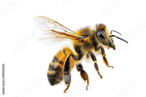 detailed closeup of honey bee in flight intricate wing structure pollendusted fur macro photography on white background photo