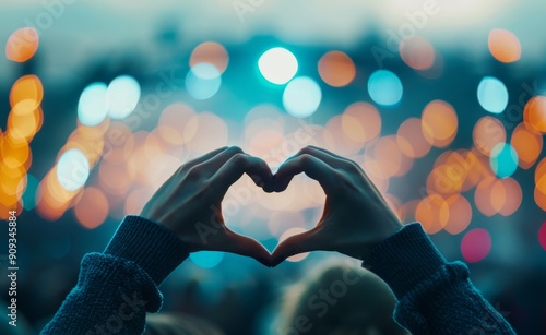 Hands Forming Heart Shape at Concert With Colorful Lights in Background