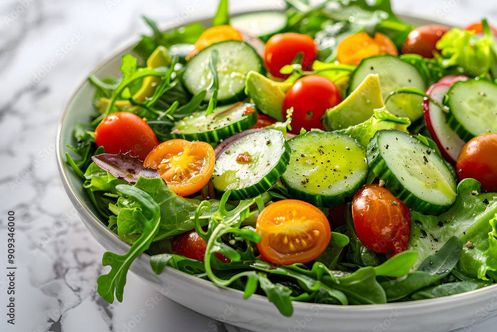 Fresh Mixed Green Salad with Cherry Tomatoes, Cucumber, Avocado, and Leafy Greens, Healthy Vegan Meal Concept, Close-Up on Marble Background Fresh Mixed Green Salad with Cherry Tomatoes, Cucumber, Avocado, and Leafy Greens, Healthy Vegan Meal Concept, Close-Up on Marble Background