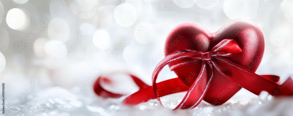 Red heart with ribbon and bokeh lights, romantic gift concept Red heart with ribbon and bokeh lights, romantic gift concept