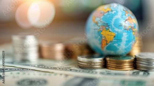 Global Currency and Globe Displayed Together on a Wooden Surface