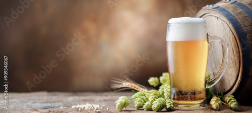 Craft Beer Glass With Foam Beside Hops And Barley Against A Wooden Barrel Bac...