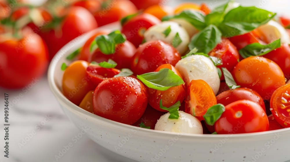 Fresh Cherry Tomato and Mozzarella Salad With Basil in a White Bowl Fresh Cherry Tomato and Mozzarella Salad With Basil in a White Bowl